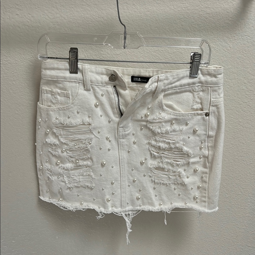 White Distressed Pearl-Embellished Skirt